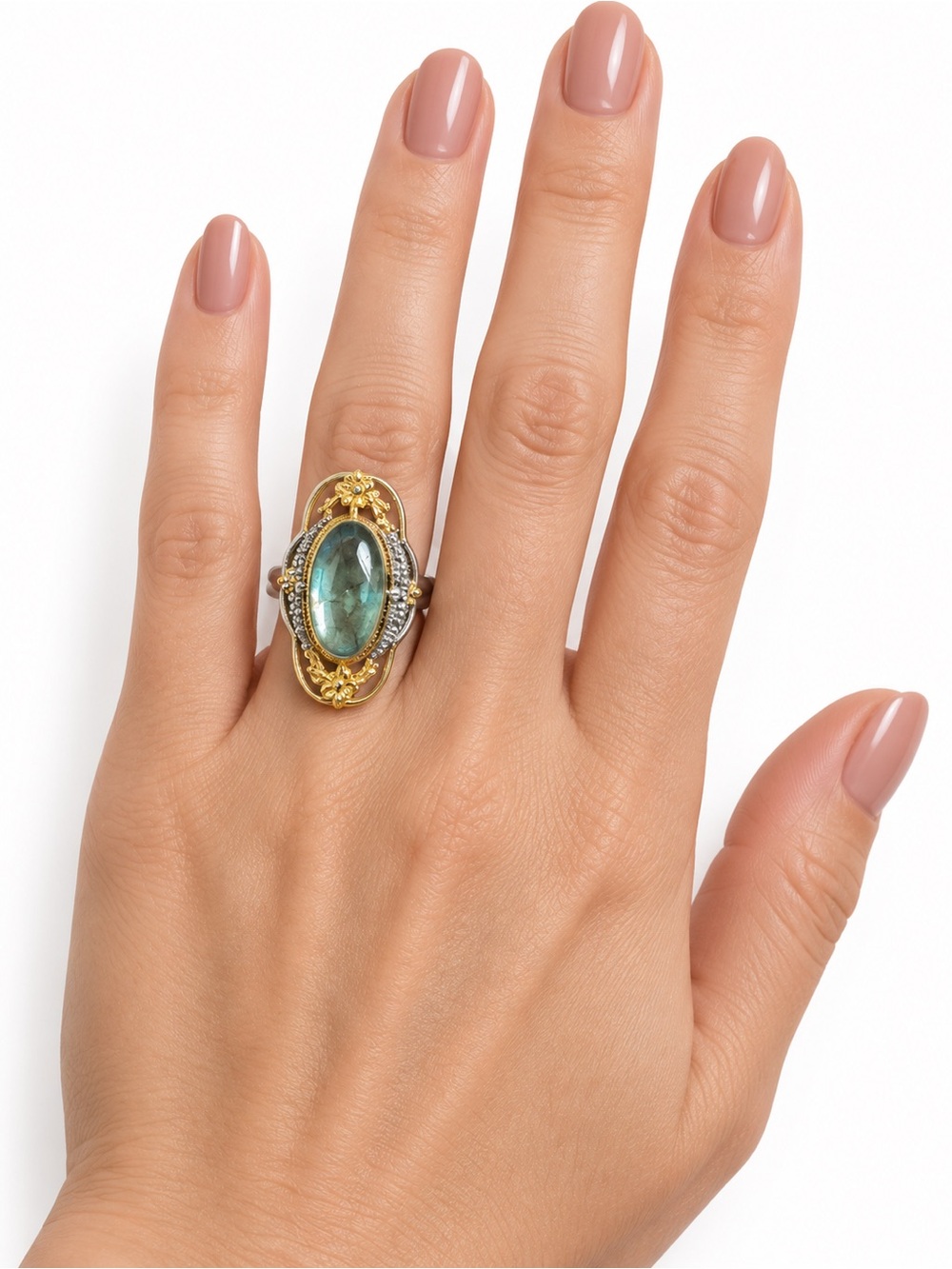 Brand New Gold Tone Aqua Blue Floral Statement Ring Size 7